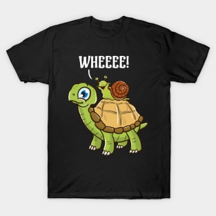 Cute & Funny Snail Riding on Turtle Yelling Wheee! T-Shirt